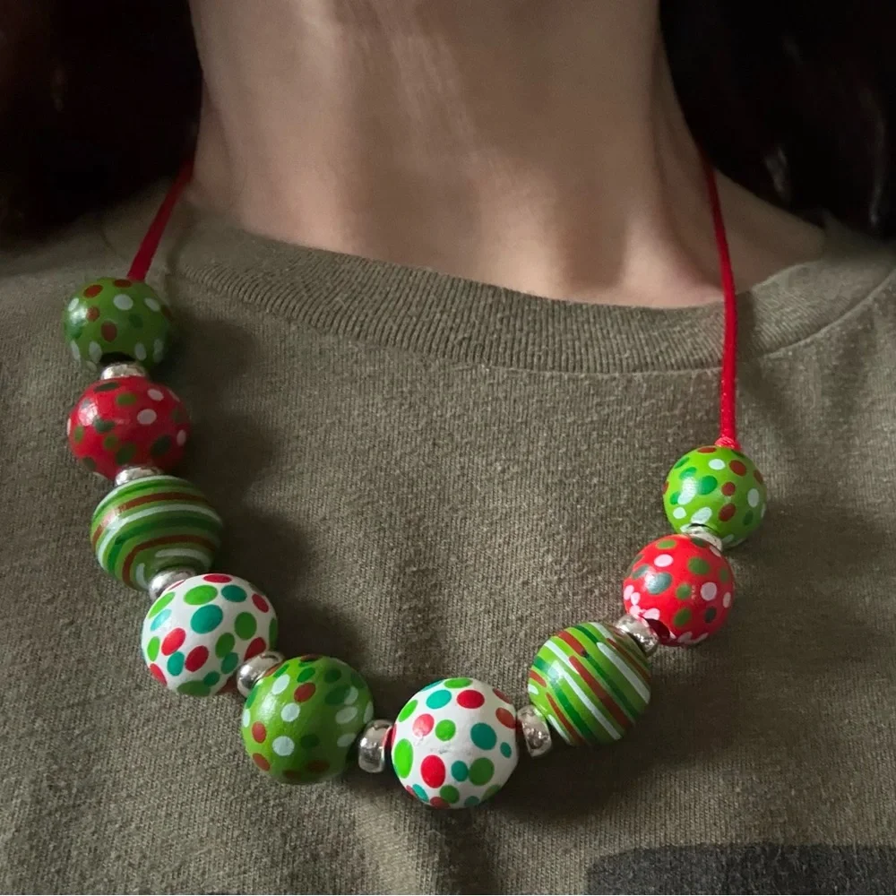 Festive Christmas Bubblegum Wooden Bead Necklace for Adults and Kids